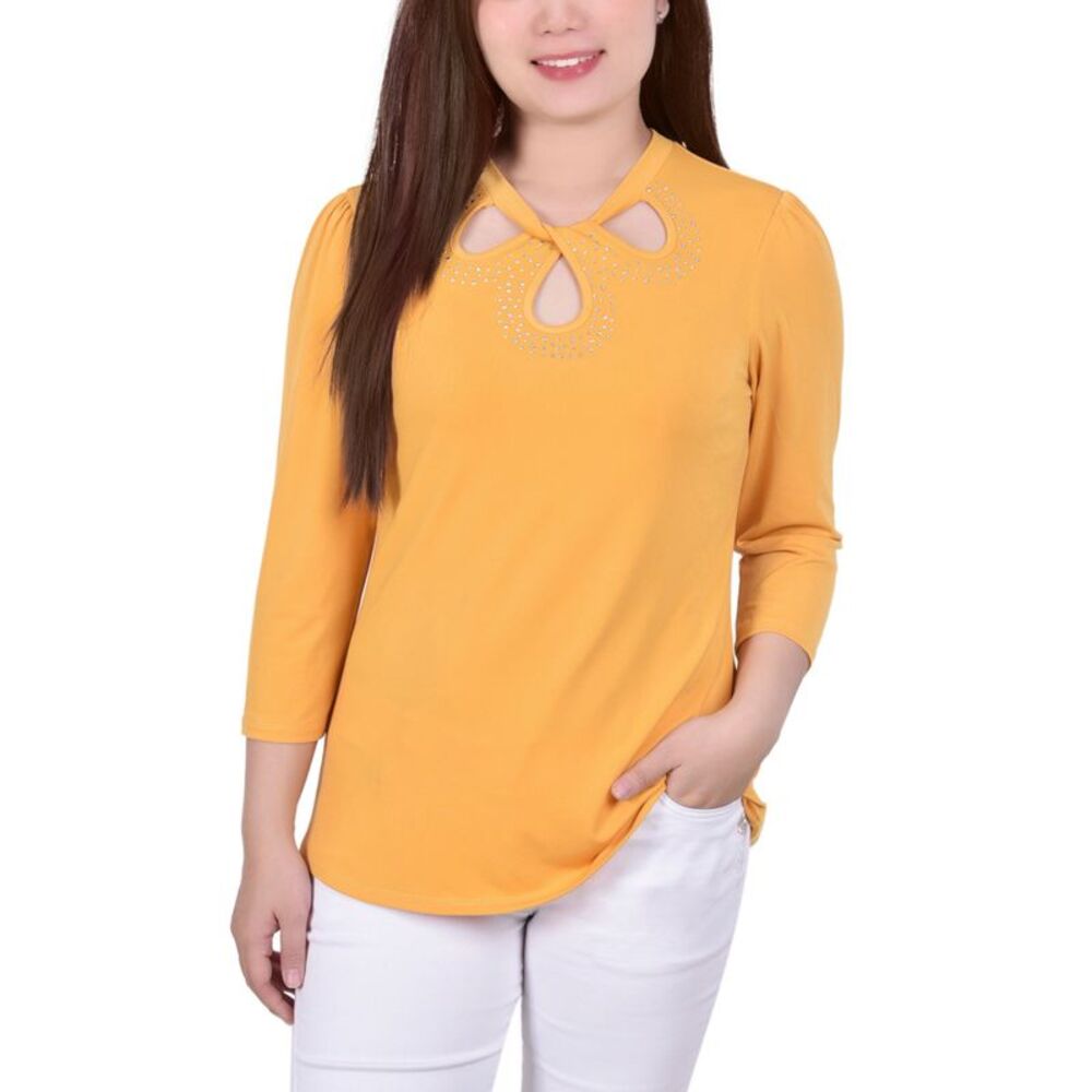 NY Collection Petite 3/4 Sleeve Knit Crepe Studded Keyhole Top